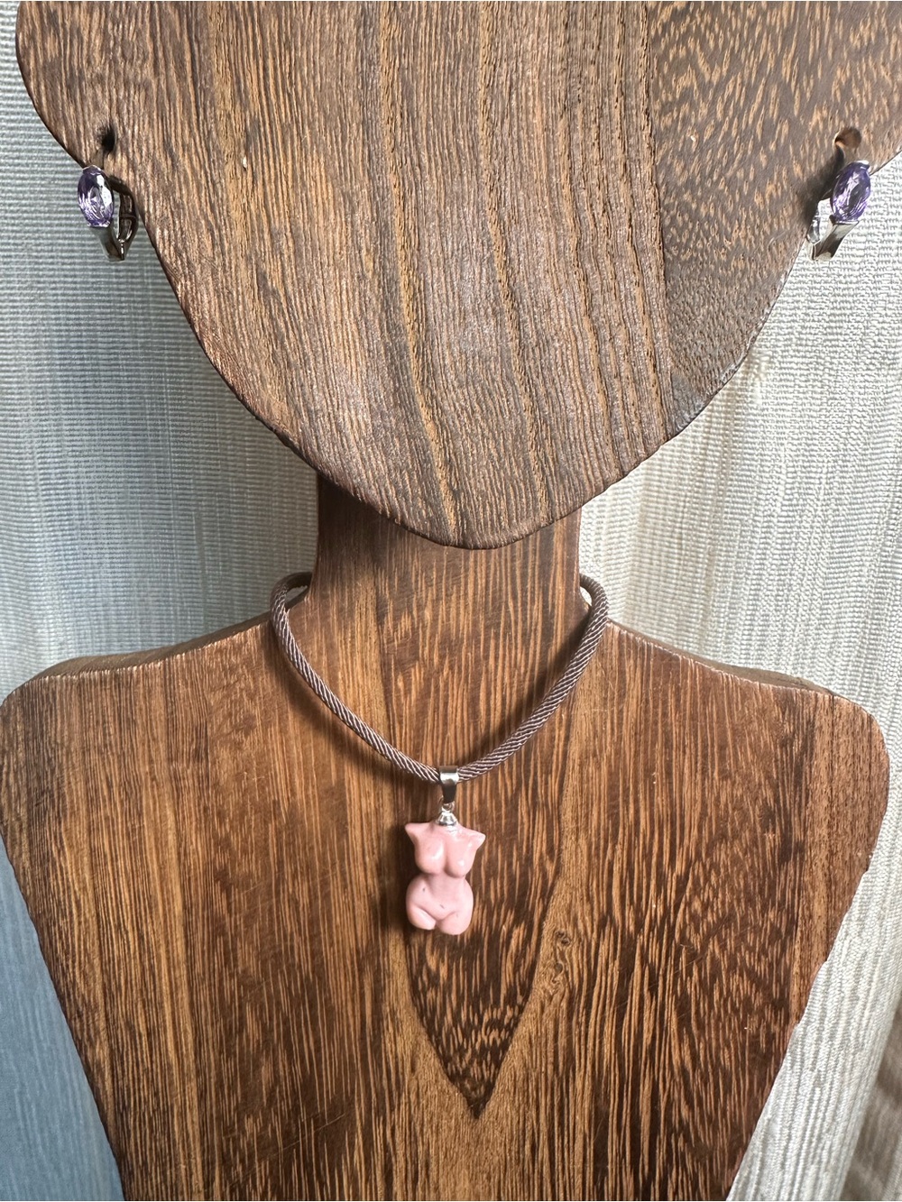 Mini Light Pink Alashan Agate Lady Body Carving Pendant Necklace on Brown Rope - Picture 13 of 16